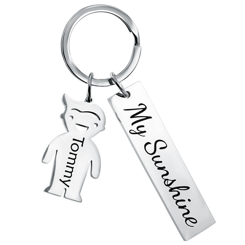 Gegraveerde Rechthoekige Gepersonaliseerde Sleutelhanger met Jongen Bedeltje