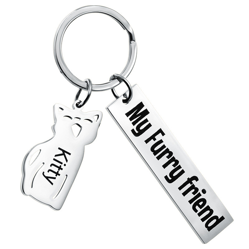 Gepersonaliseerde Gegraveerde Rechthoekige Sleutelhanger met KattenBedeltje