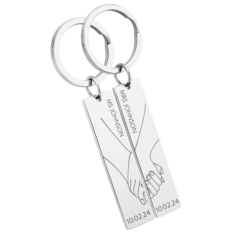 Gegraveerde “Samen” hand in Hand Sleutelhangers - aan te Passen met Namen en Data